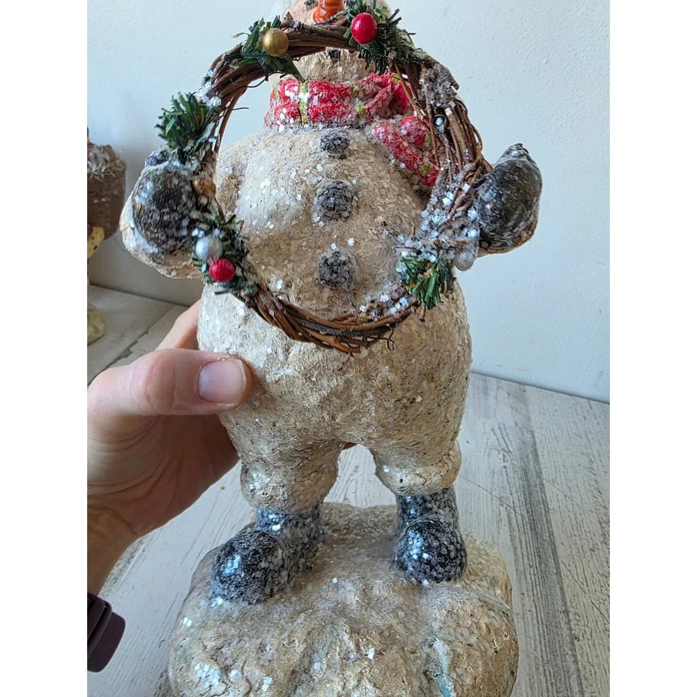 Vintage glitter snowman wreath statue figurine sparkle Xmas decor‎ hat